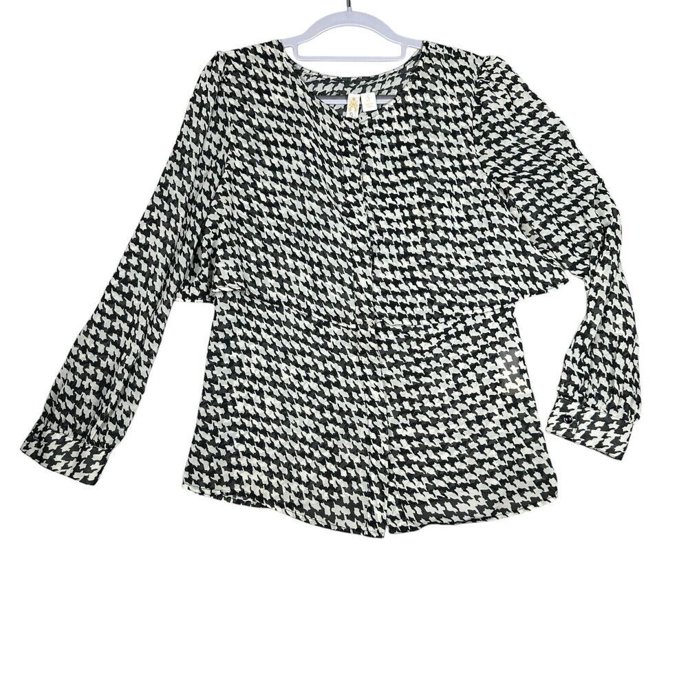 Adiva Blouse Button Up Shirt Womens Small Black White Houndstooth Sheer Preppy